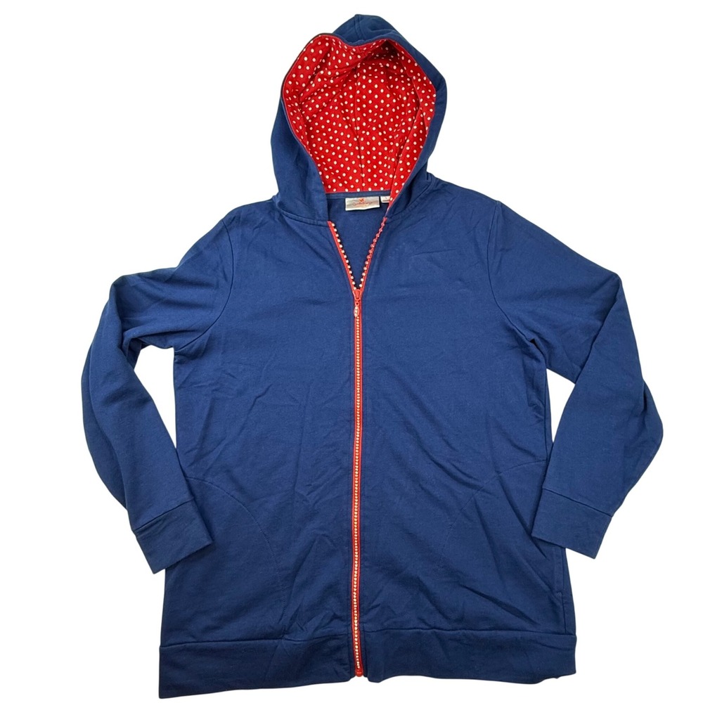 Quirky Factory Blue Hoodie Red Polka‎ Dot Lining Sz L sparkle zip up comfy Y2K